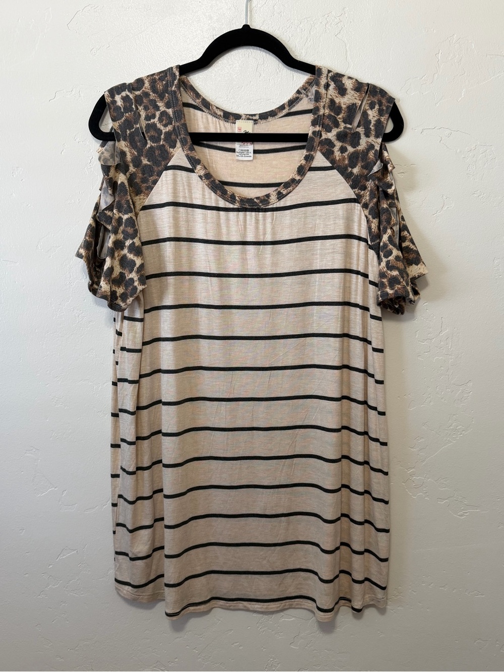 7th Ray Beige Striped Cold-Shoulder Top with Leopard Cut Out Sleeves - 3X